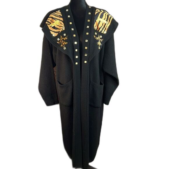 Vintage Designs Limited | 80s Sweater  Cardigan Black Gold Applique Ribb… - Picture 1 of 12